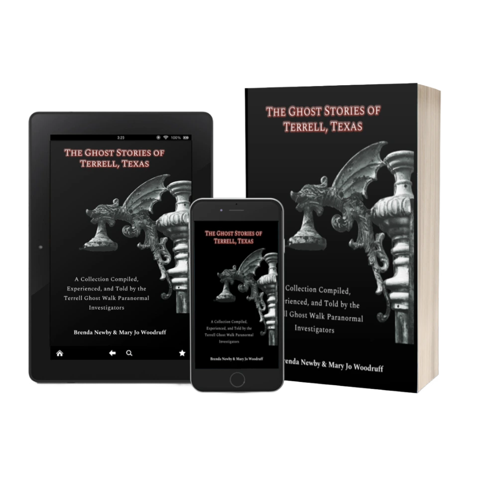 Cover of The Ghost Stories of Terrell, Texas 2nd Edition eBook featuring a gargoyle and authors Brenda Newby and Mary Jo Woodruff