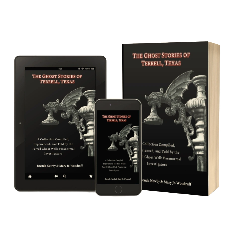 Cover of The Ghost Stories of Terrell, Texas 2nd Edition eBook featuring a gargoyle and authors Brenda Newby and Mary Jo Woodruff